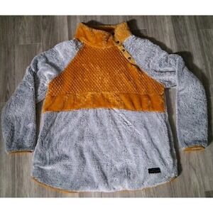 Simply Southern Snap Neck Silver Gray and Apricot Fleece Pullover Sweater XL